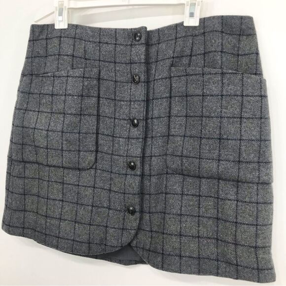 Madewell Gray Wool Navy Blue Windowpane Grid Patch Pocket Button Mini Skirt - Picture 4 of 16